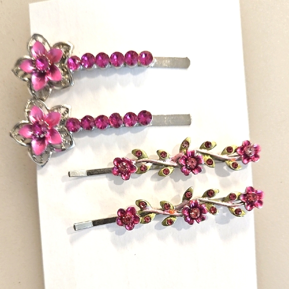 boutique Accessories - 4 Pc. pink floral. Rhinestones hair pins Special Occasion Bun Braid Prom Party